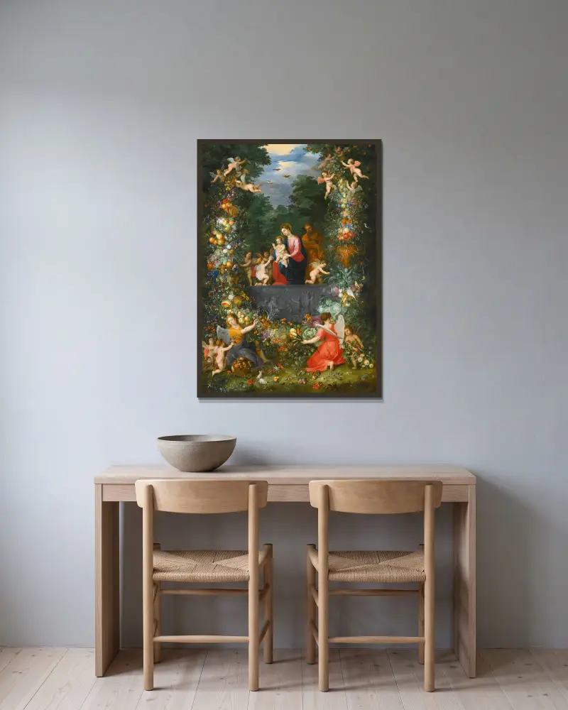 Den heliga familjen i en krans av frukt, blommor och grönsaker hållen av änglar av Jan Brueghel the Younger inramad på en vägg