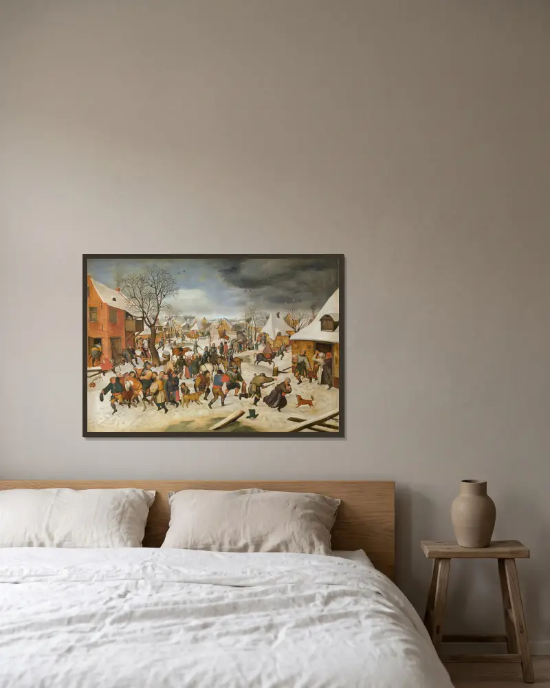 Der Bethlehemitische Kindermord von Pieter Brueghel The Younger gerahmt an einer Wand