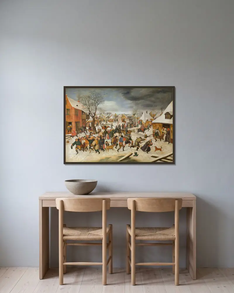 Der Bethlehemitische Kindermord von Pieter Brueghel The Younger gerahmt an einer Wand