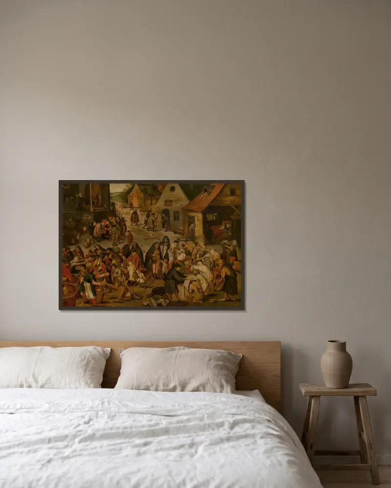 Die sieben Werke der Barmherzigkeit von Pieter Brueghel The Younger gerahmt an einer Wand