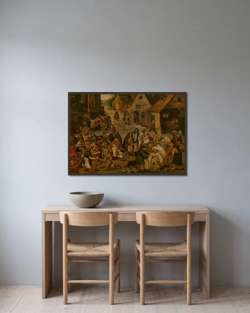 Die sieben Werke der Barmherzigkeit von Pieter Brueghel The Younger gerahmt an einer Wand
