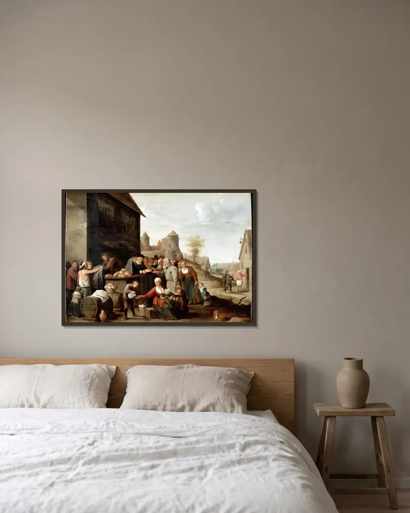 De sju barmhärtighetsgärningarna av David Teniers The Younger inramad på en vägg