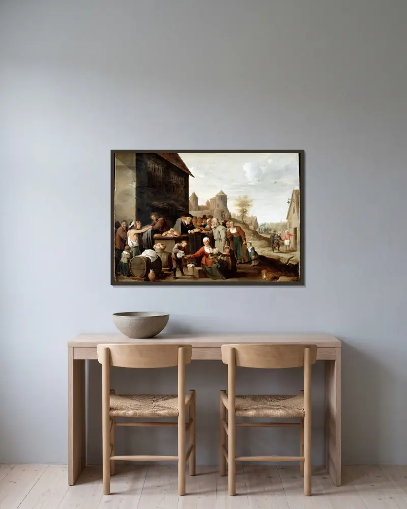 De sju barmhärtighetsgärningarna av David Teniers The Younger inramad på en vägg