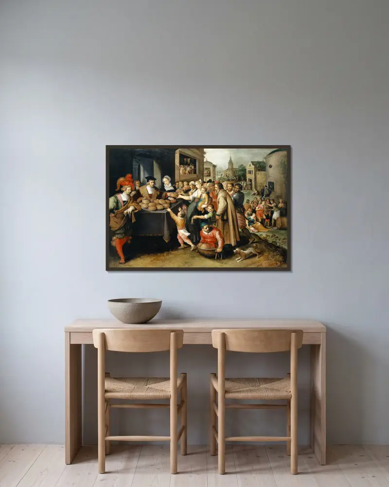De sju barmhärtighetsgärningarna av Frans Francken the Younger inramad på en vägg