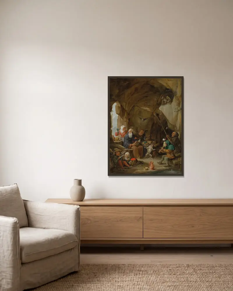Frestelsen av den helige Antonius av David Teniers The Younger inramad på en vägg