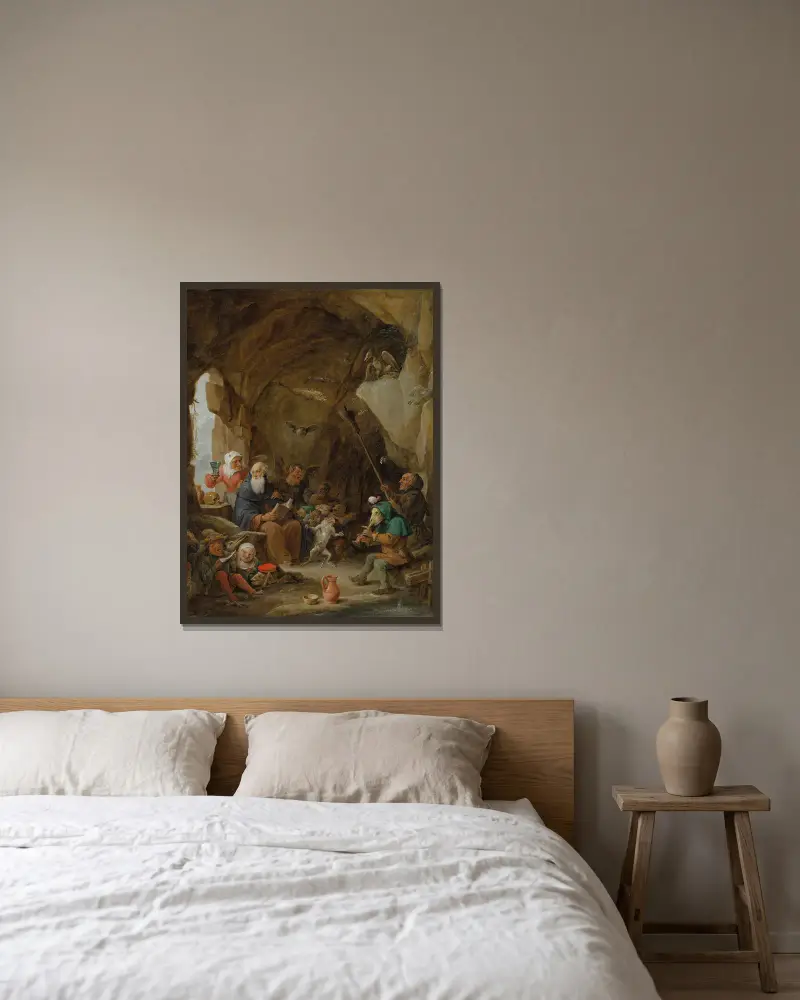 Frestelsen av den helige Antonius av David Teniers The Younger inramad på en vägg