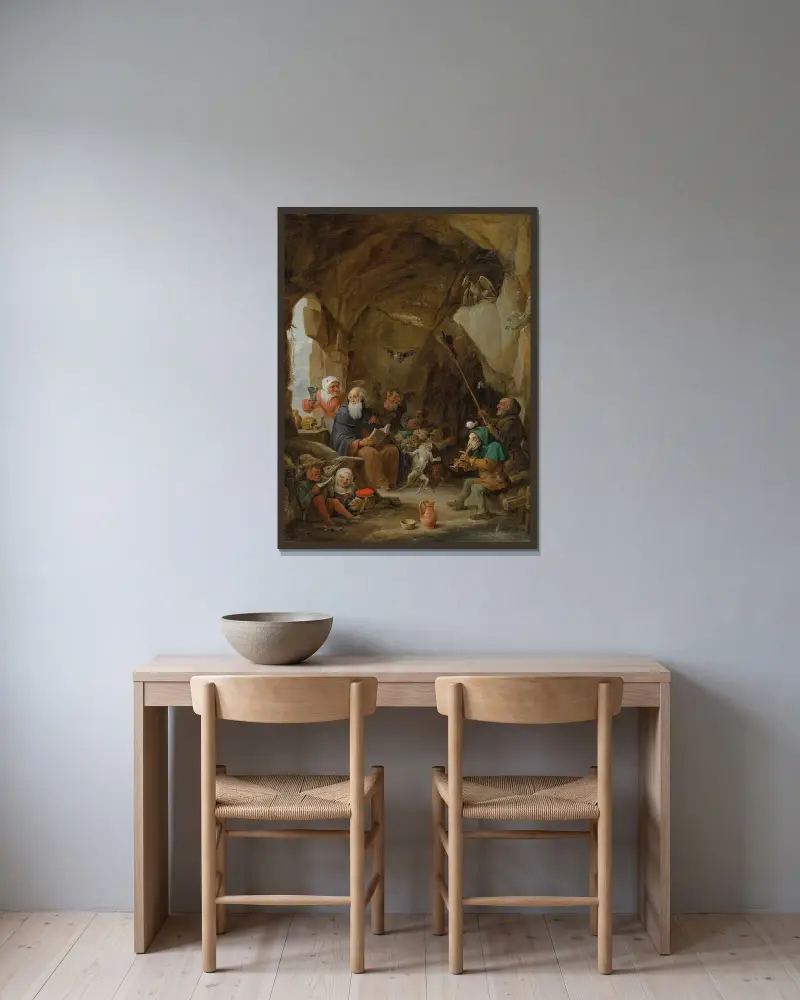 Frestelsen av den helige Antonius av David Teniers The Younger inramad på en vägg
