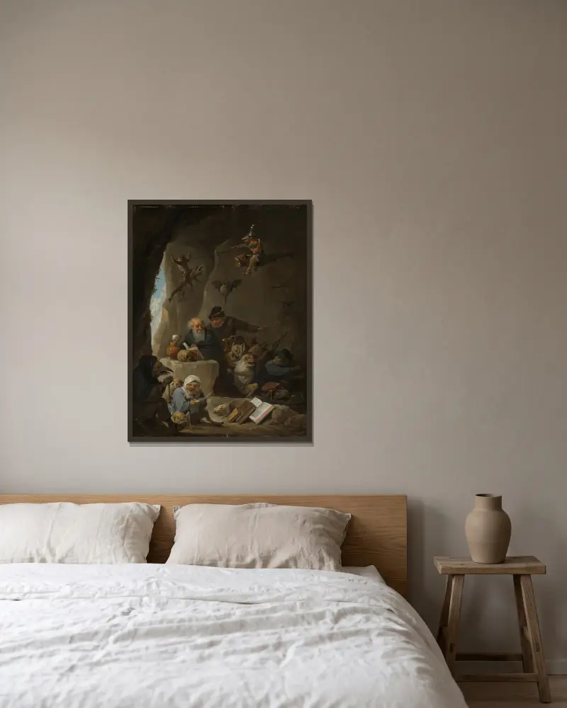 Die Versuchung des heiligen Antonius, 1645 von David Teniers The Younger gerahmt an einer Wand