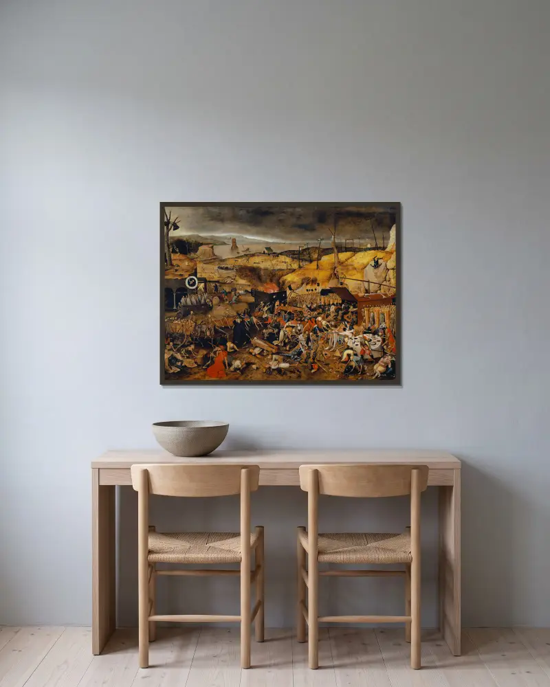 Dödens triumf av Pieter Brueghel The Younger inramad på en vägg