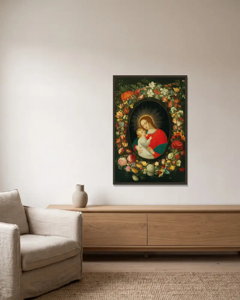 Jungfrun och barnet i en kartusch omgiven av en blomstergirlang av Jan Brueghel the Younger inramad på en vägg