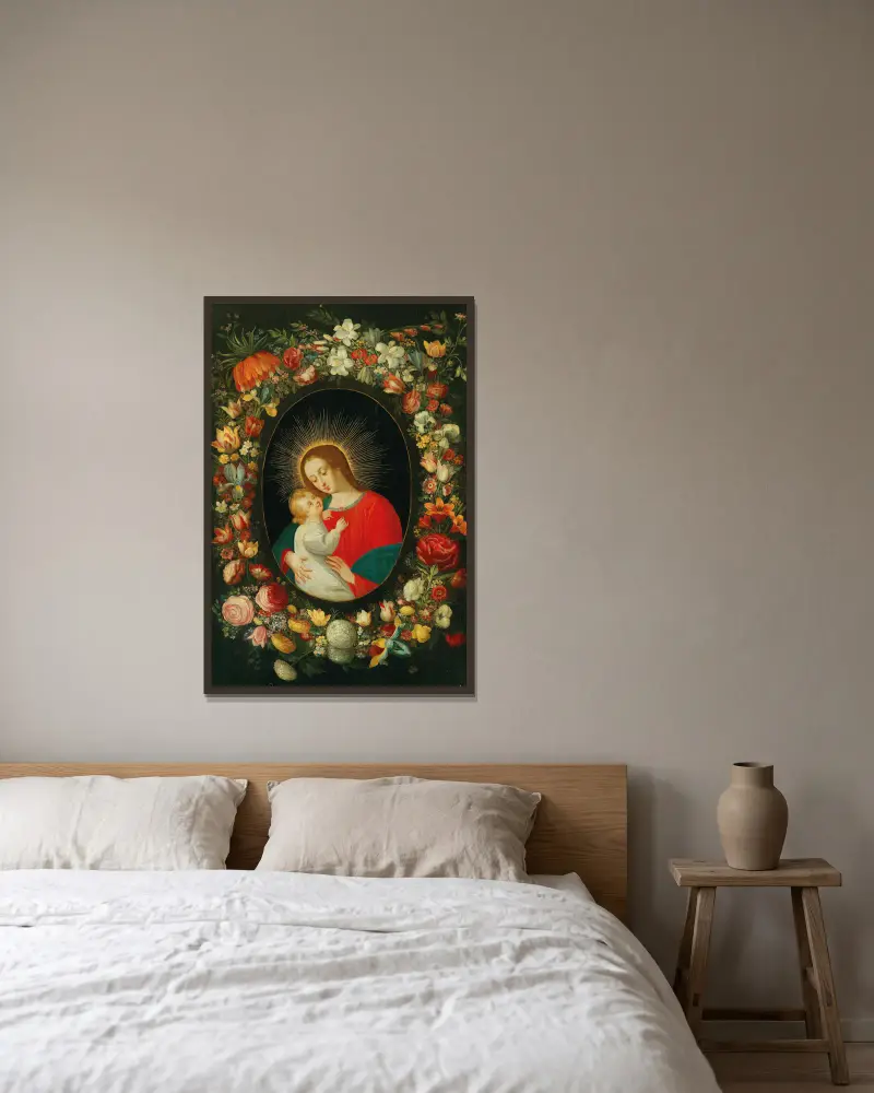 Jungfrun och barnet i en kartusch omgiven av en blomstergirlang av Jan Brueghel the Younger inramad på en vägg