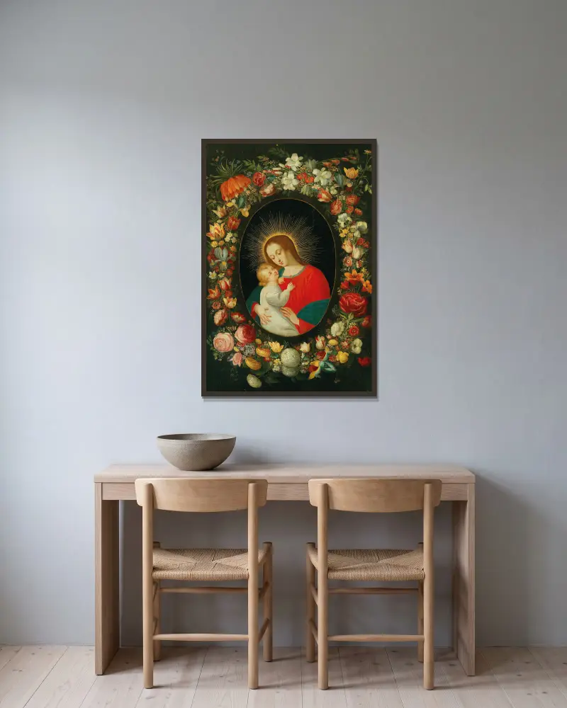 Jungfrun och barnet i en kartusch omgiven av en blomstergirlang av Jan Brueghel the Younger inramad på en vägg