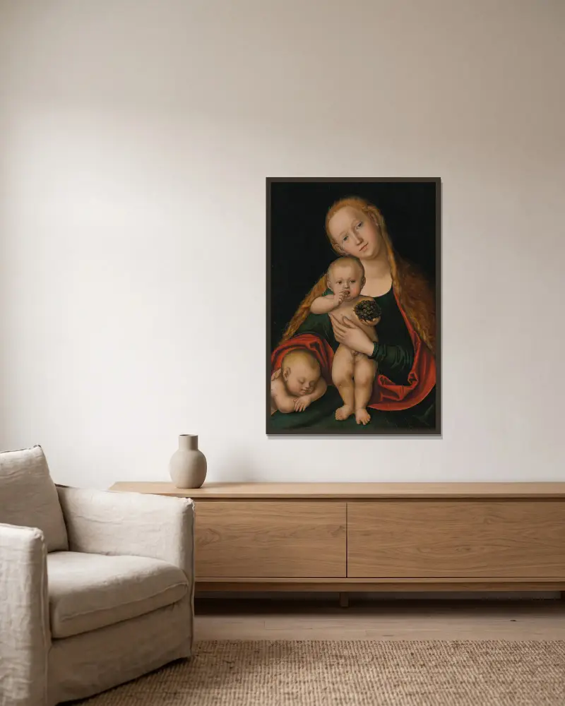 Jungfrun och barnet med den sovande Johannes Döparen av Lucas Cranach the Younger inramad på en vägg