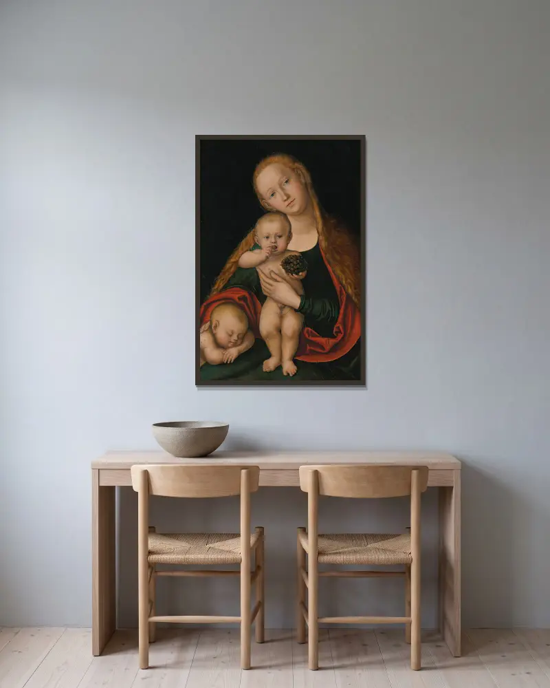 Jungfrun och barnet med den sovande Johannes Döparen av Lucas Cranach the Younger inramad på en vägg