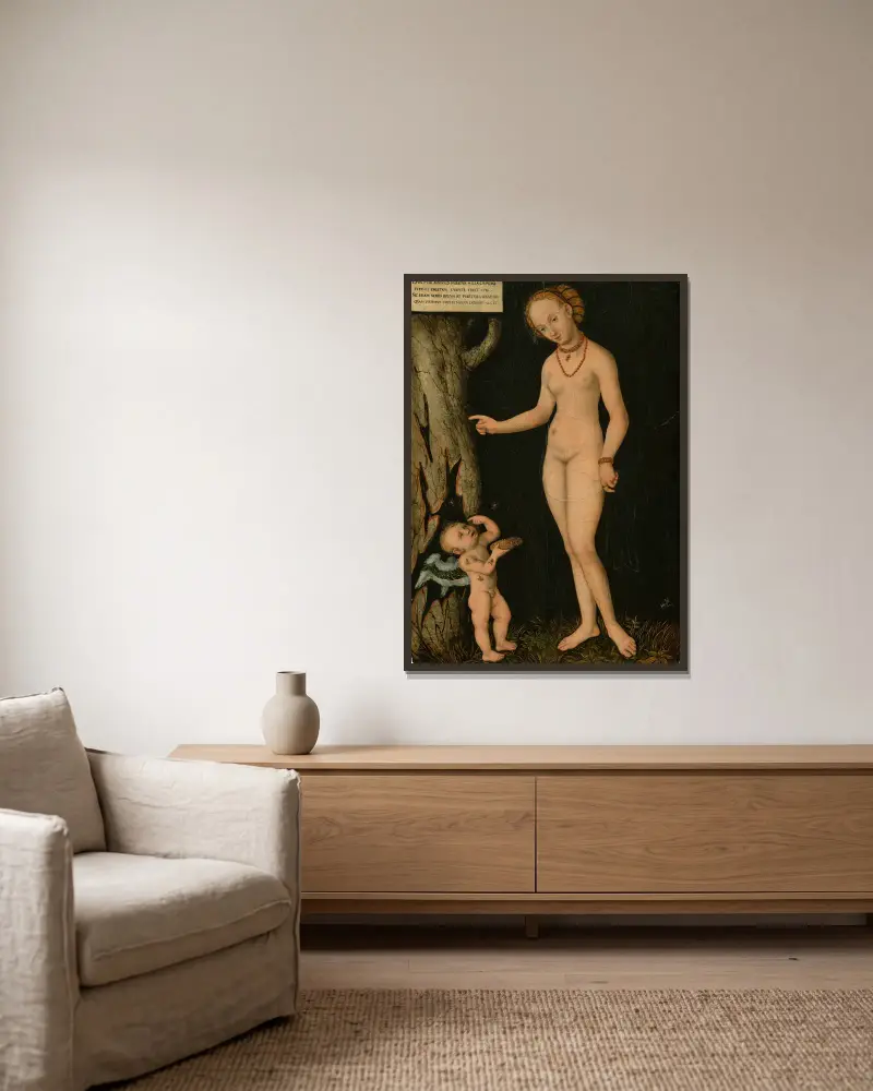 Venus och Amor som honungstjuv av Lucas Cranach the Younger inramad på en vägg