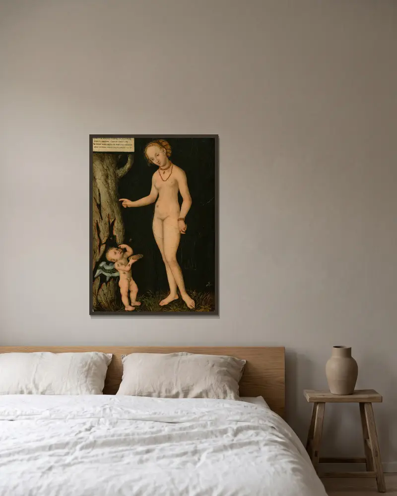 Venus och Amor som honungstjuv av Lucas Cranach the Younger inramad på en vägg