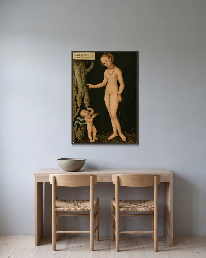 Venus och Amor som honungstjuv av Lucas Cranach the Younger inramad på en vägg