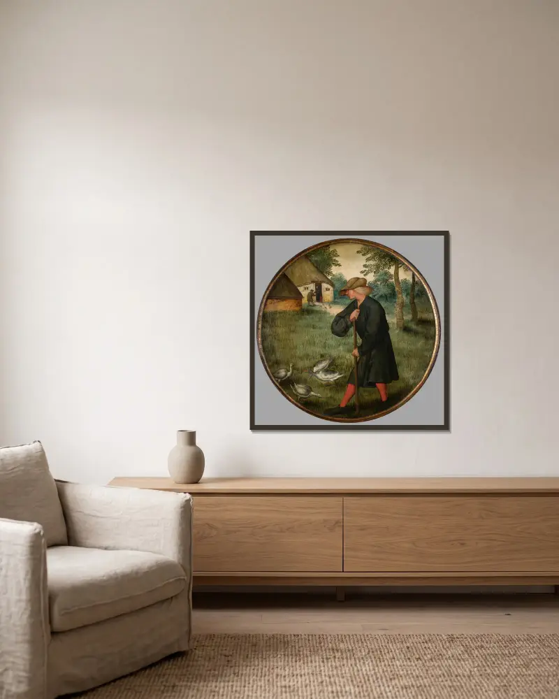 Vem vet varför gäss går barfota av Pieter Brueghel The Younger inramad på en vägg