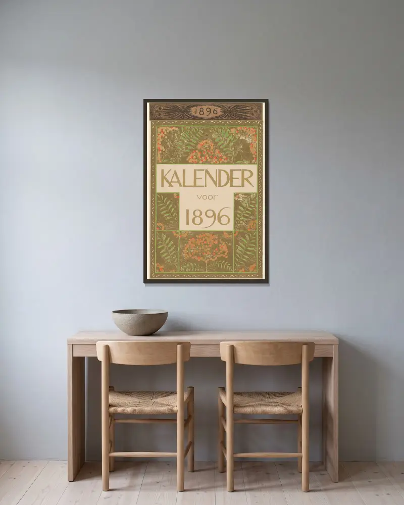 Dekblad van de kalender voor 1896 av Theo Nieuwenhuis inramad på en vägg