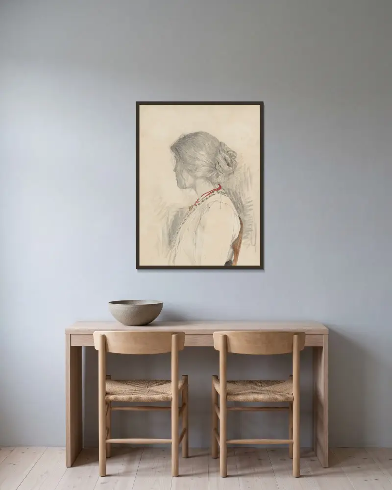Studie einer Frau auf einem Stuhl, im Profil nach links von Theo Nieuwenhuis gerahmt an einer Wand
