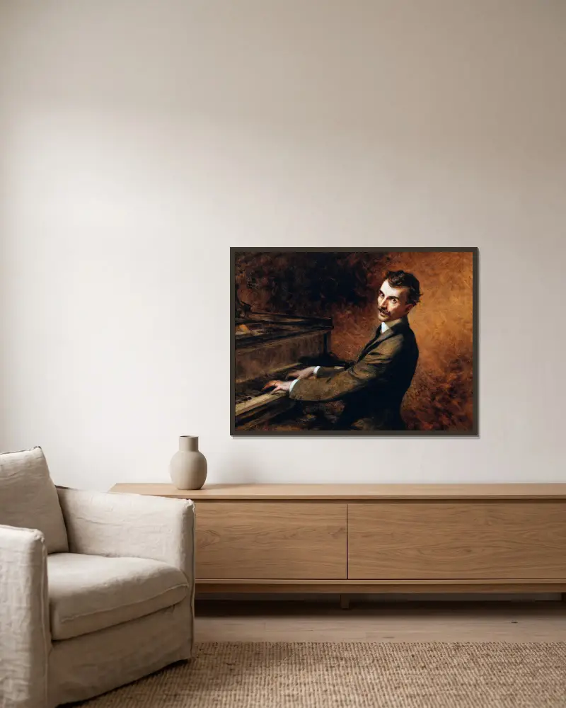 Maestro Arturo Toscanini (1867–1957) vid pianot av Théobald Chartran inramad på en vägg