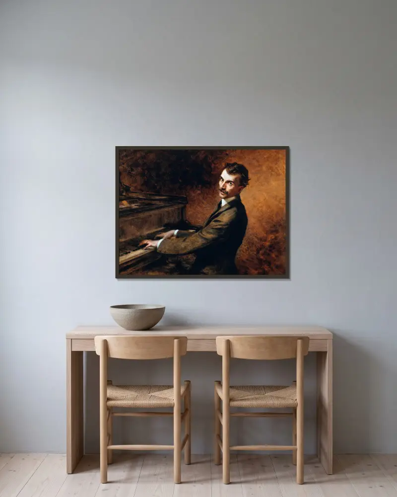 Maestro Arturo Toscanini (1867–1957) vid pianot av Théobald Chartran inramad på en vägg