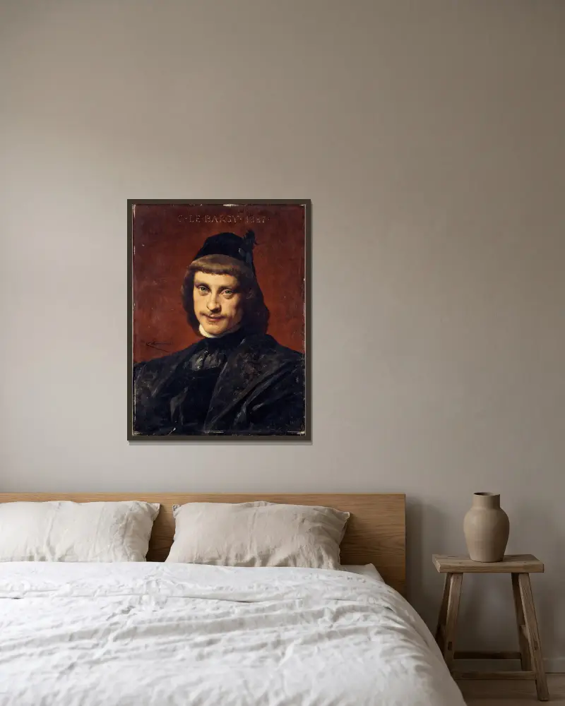 Porträtt av Charles Le Bargy, medlem av Comédie-Française, i scenkostym av Théobald Chartran inramad på en vägg