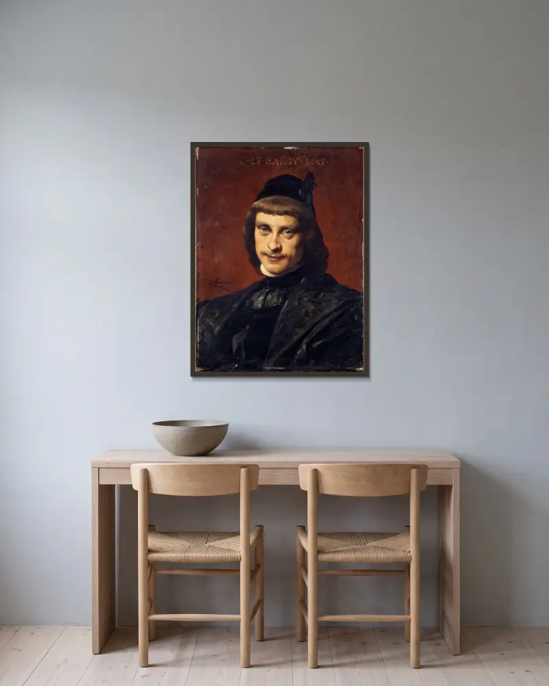 Porträtt av Charles Le Bargy, medlem av Comédie-Française, i scenkostym av Théobald Chartran inramad på en vägg
