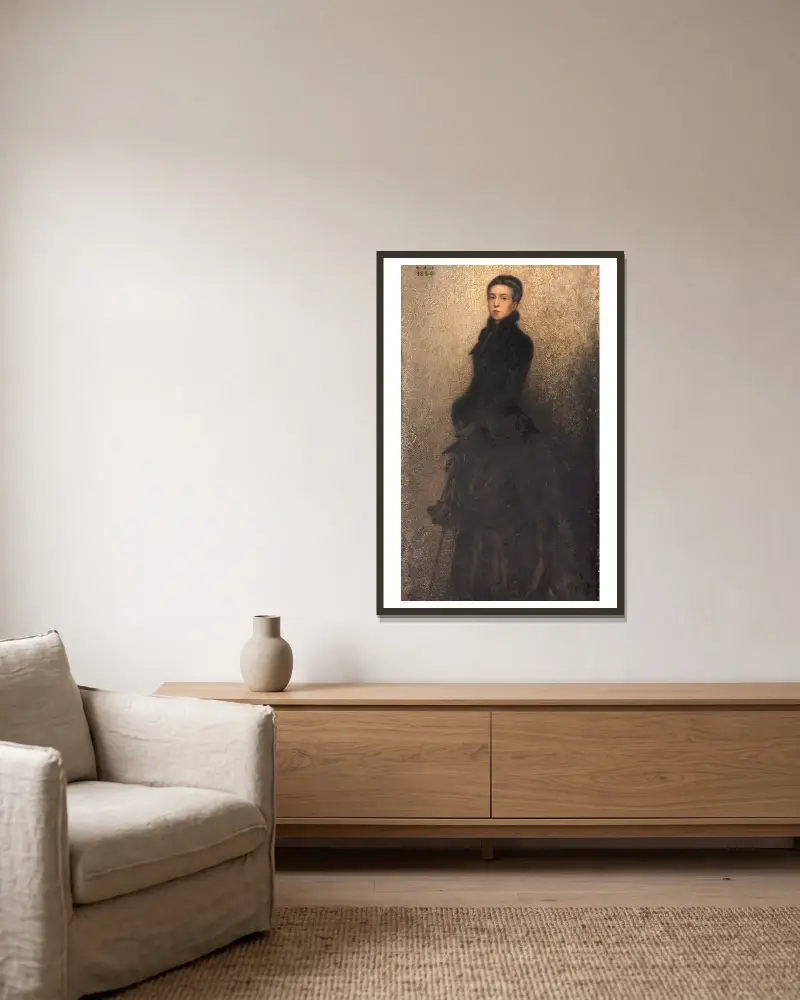 Portrait de la mère de l’artiste (Mme Dillon) av Théobald Chartran inramad på en vägg