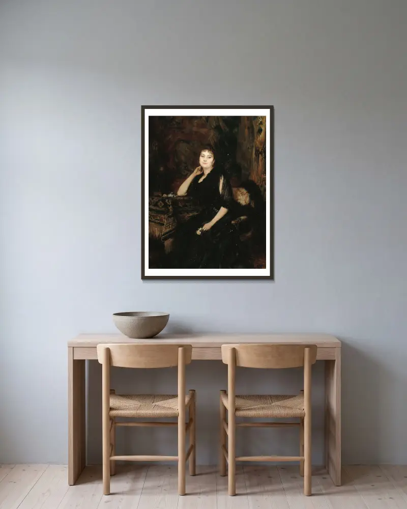 Porträt der Madame Olympe Hériot, geborene Cyprienne Dubernet von Théobald Chartran gerahmt an einer Wand