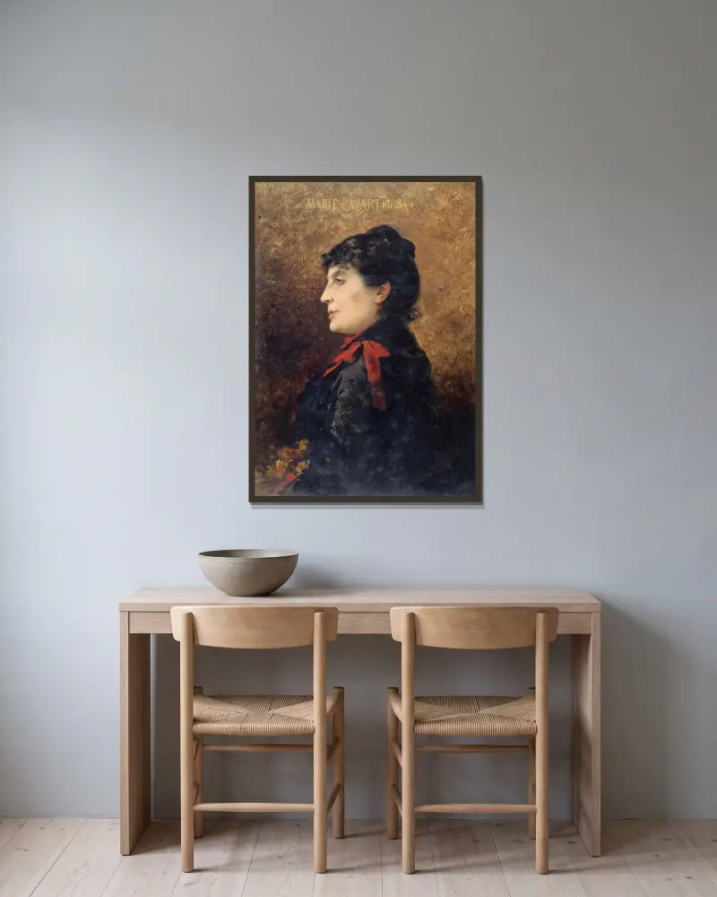 Porträtt av Marie Favart (1833–1908), medlem av Comédie-Française av Théobald Chartran inramad på en vägg