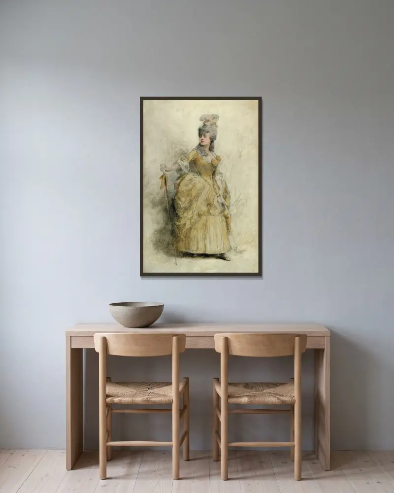 Porträtt av Réjane (1856–1920) i scenkostym av Théobald Chartran inramad på en vägg