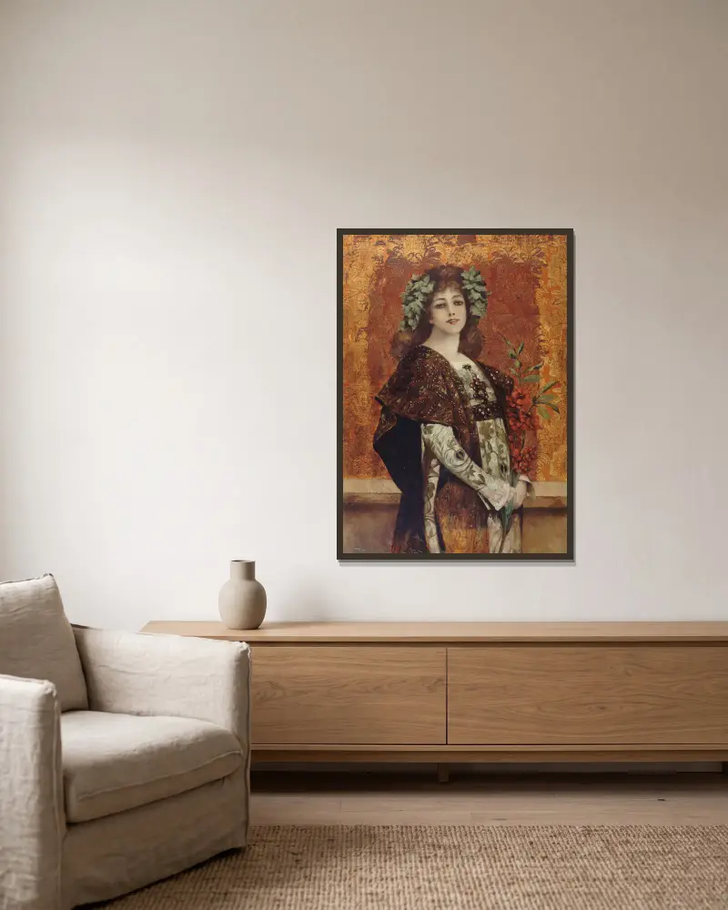 Porträtt av Sarah Bernhardt (1844–1923) i 'Gismonda' av Théobald Chartran inramad på en vägg