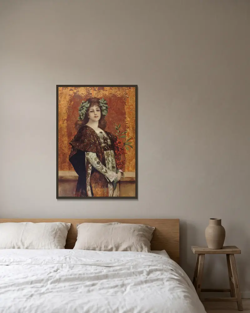 Porträtt av Sarah Bernhardt (1844–1923) i 'Gismonda' av Théobald Chartran inramad på en vägg