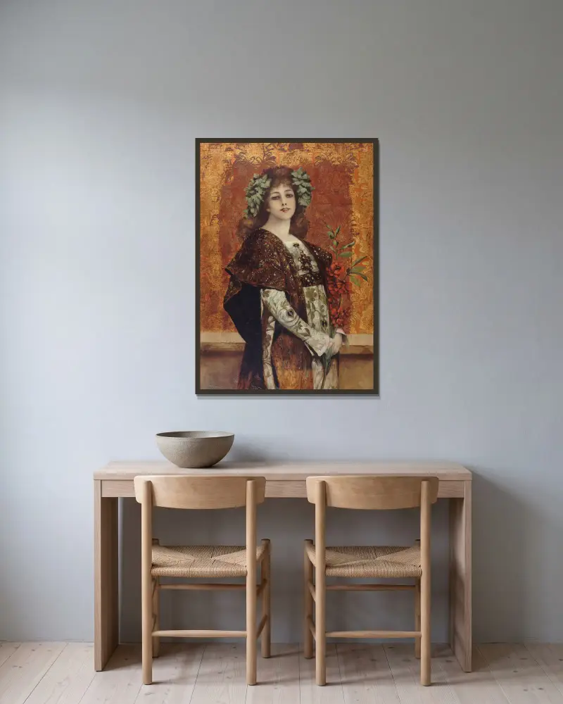 Porträtt av Sarah Bernhardt (1844–1923) i 'Gismonda' av Théobald Chartran inramad på en vägg