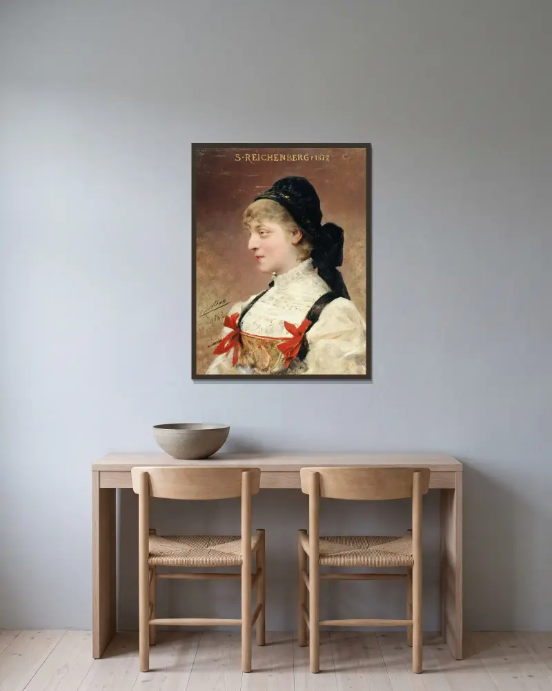 Porträtt av Suzanne Reichenberg (1853–1924), medlem av Comédie-Française av Théobald Chartran inramad på en vägg