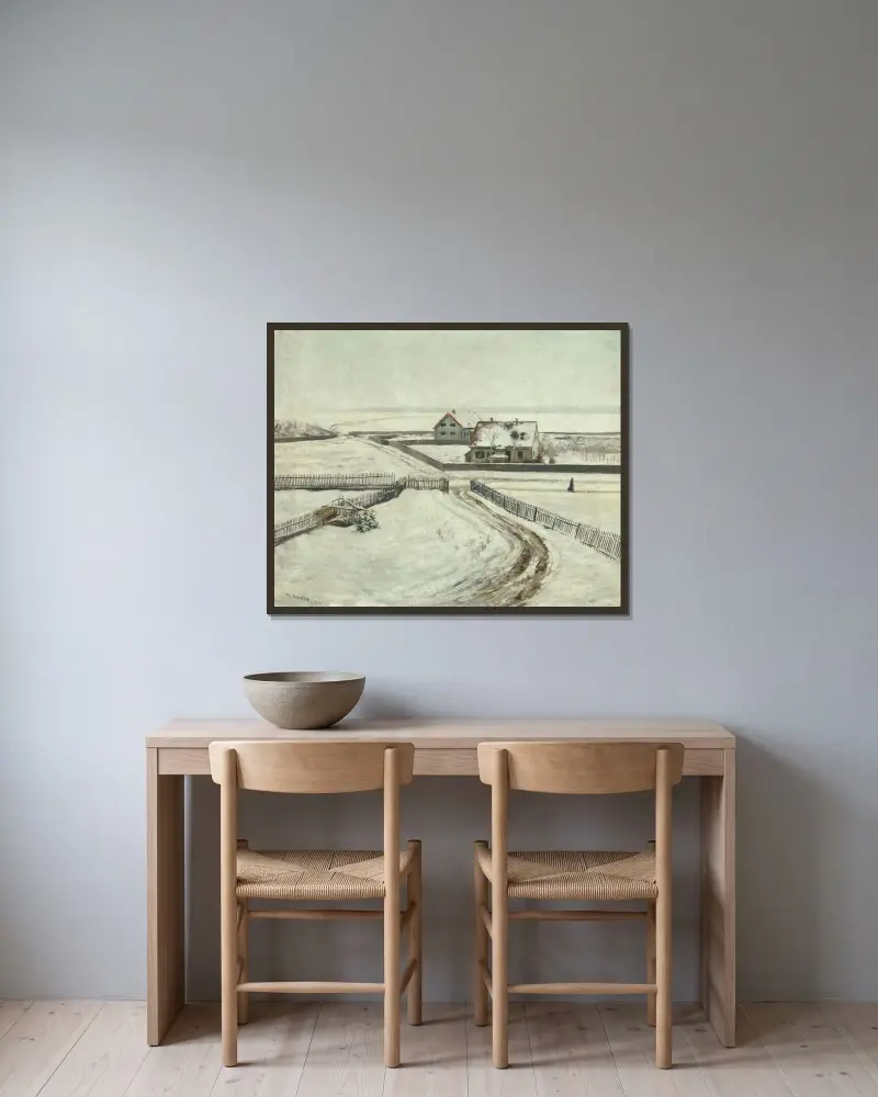 Häuser in einer Winterlandschaft von Theodor Kittelsen gerahmt an einer Wand