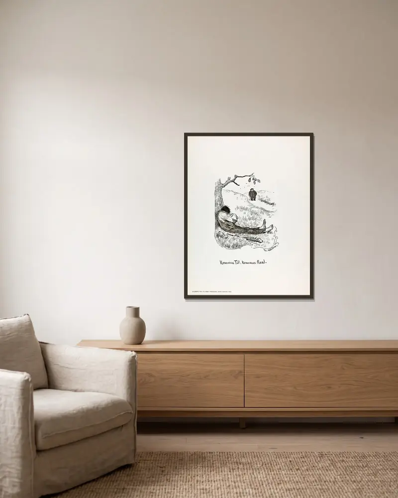 Kommer Tid, kommer Raad von Theodor Kittelsen gerahmt an einer Wand