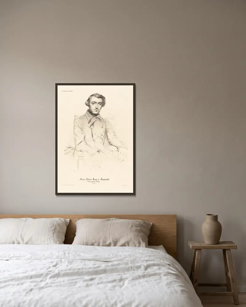 Alexis de Tocqueville av Théodore Chassériau inramad på en vägg