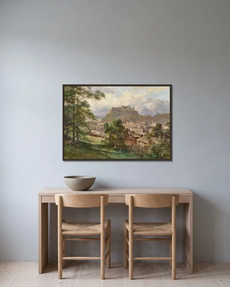Utsikt över Salzburg från Kapuzinerberg av Edward Theodore Compton inramad på en vägg