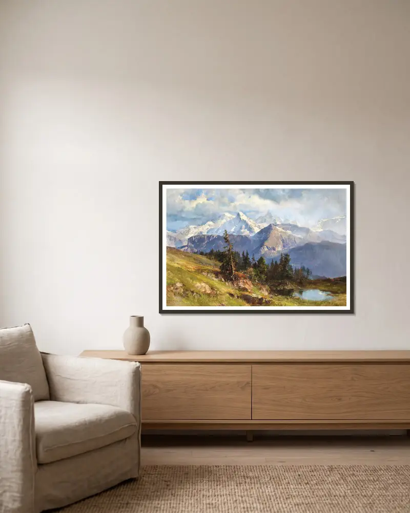 Utsikt över Wetterhorn och Rosenlauiglaciären i Bernalperna, Schweiz av Edward Theodore Compton inramad på en vägg