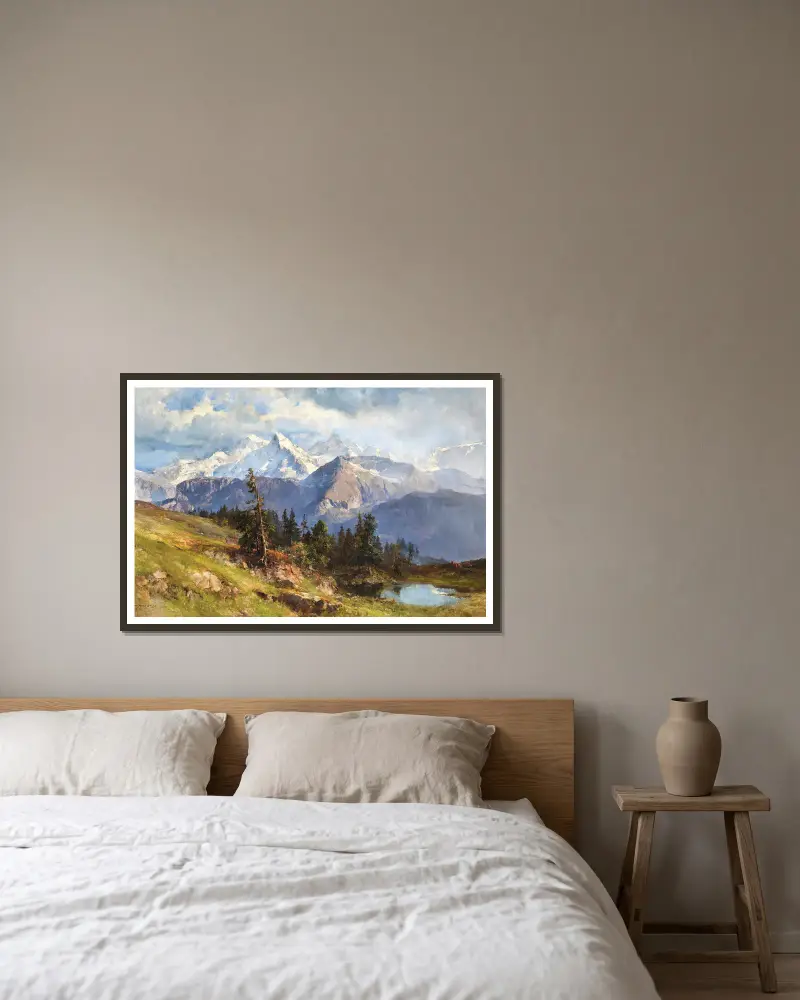 Utsikt över Wetterhorn och Rosenlauiglaciären i Bernalperna, Schweiz av Edward Theodore Compton inramad på en vägg