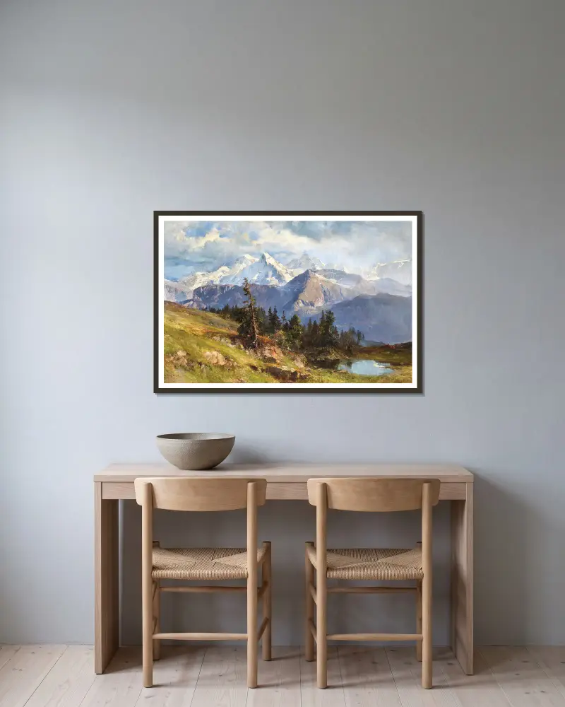 Utsikt över Wetterhorn och Rosenlauiglaciären i Bernalperna, Schweiz av Edward Theodore Compton inramad på en vägg