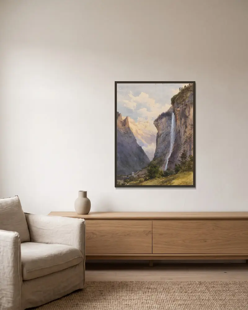 Der Staubbachfall in Lauterbrunnen (Schweiz) av Edward Theodore Compton inramad på en vägg