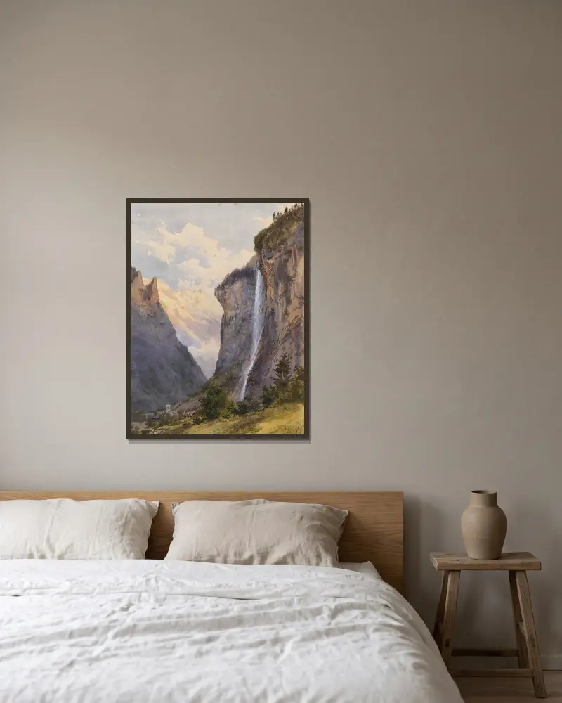 Der Staubbachfall in Lauterbrunnen (Schweiz) av Edward Theodore Compton inramad på en vägg