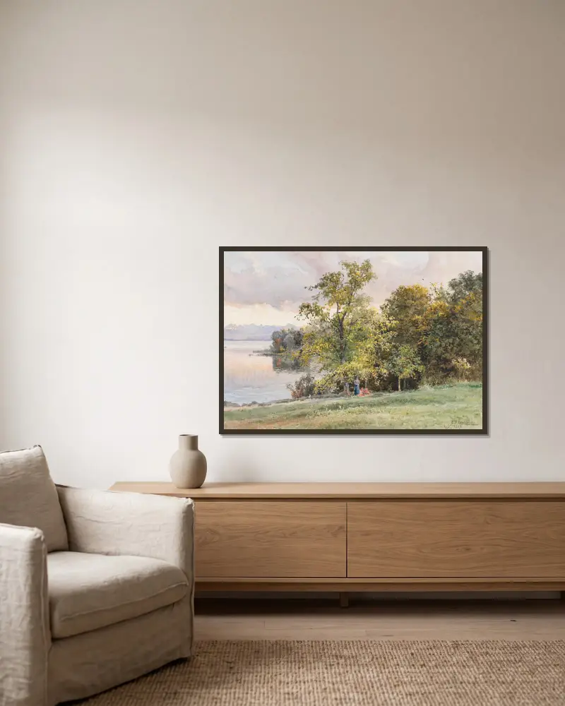 Landschaft am Starnberger See av Edward Theodore Compton inramad på en vägg