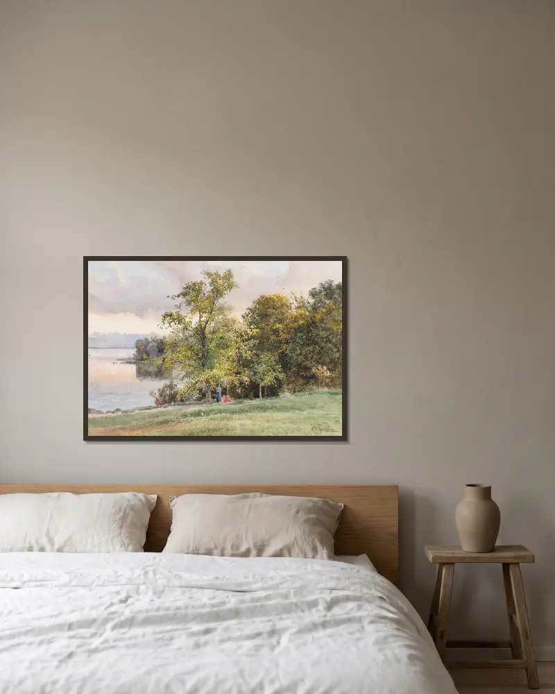 Landschaft am Starnberger See av Edward Theodore Compton inramad på en vägg