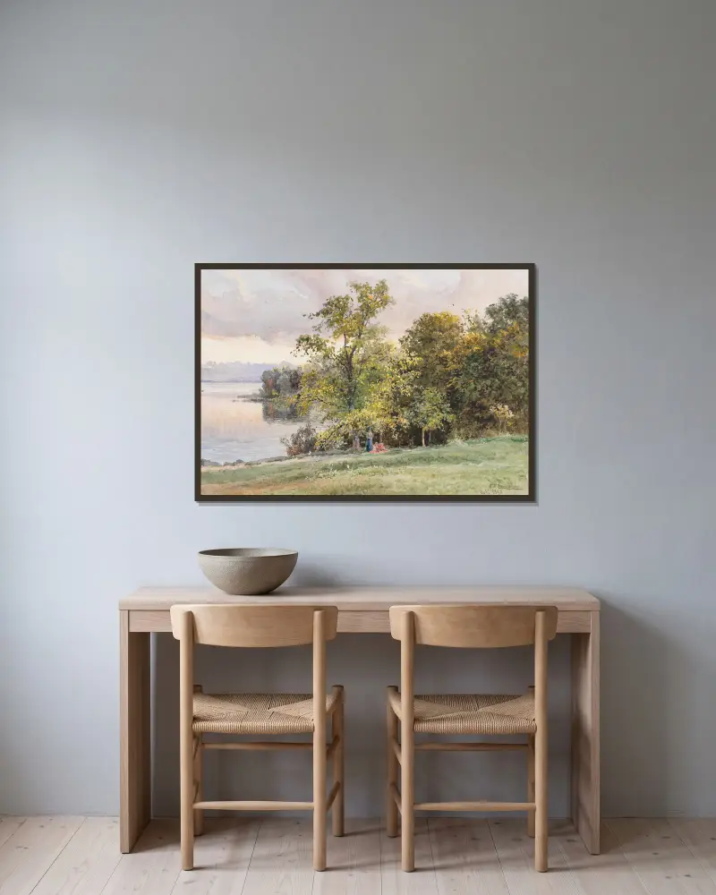Landschaft am Starnberger See av Edward Theodore Compton inramad på en vägg