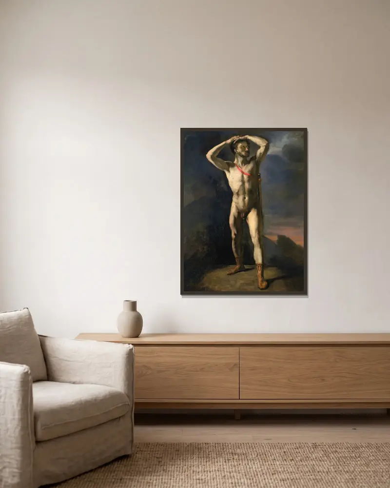Akademistudie av naken man med svärd av Théodore Géricault inramad på en vägg