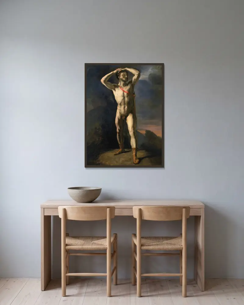Akademistudie av naken man med svärd av Théodore Géricault inramad på en vägg